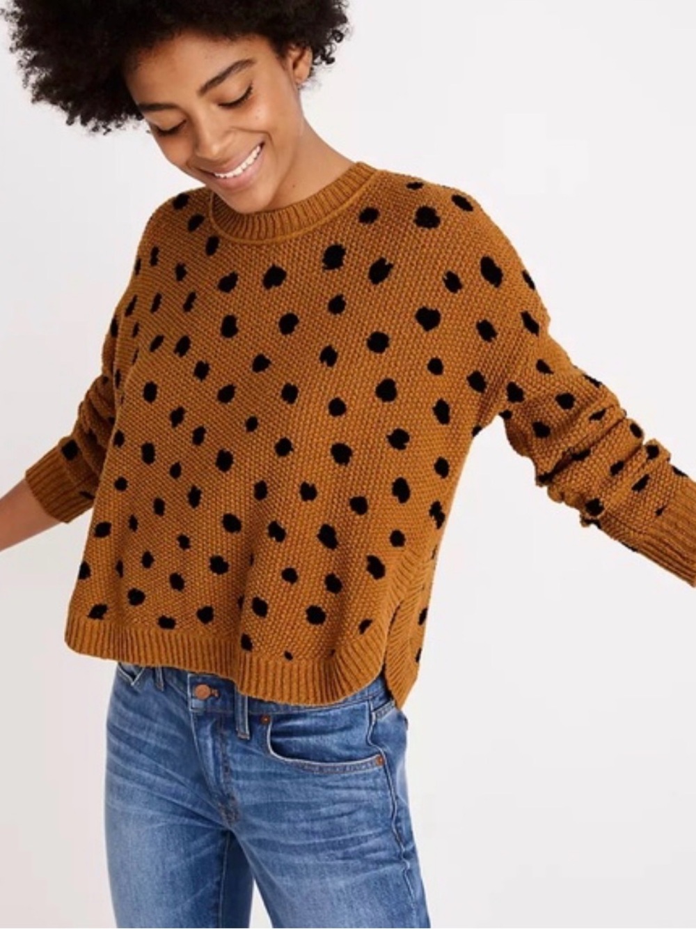 Madewell Camel Polka Dot Crewneck Sweater